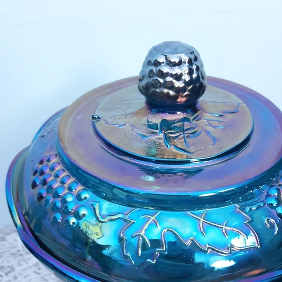 Indiana Blue Iridescent Carnival Glass Pedestal Compote Harvest Grape Purple Lid - Picture 13 of 16